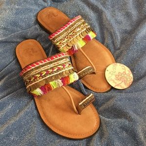 Z&L leather sandals coins fringe boho beaded beach